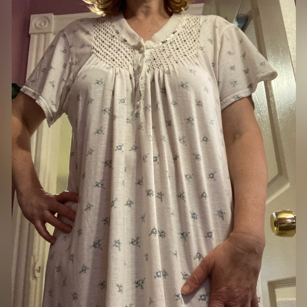 Vintage Vanity Fair Nightgown - White with Blue Roses - Size Medium (?)